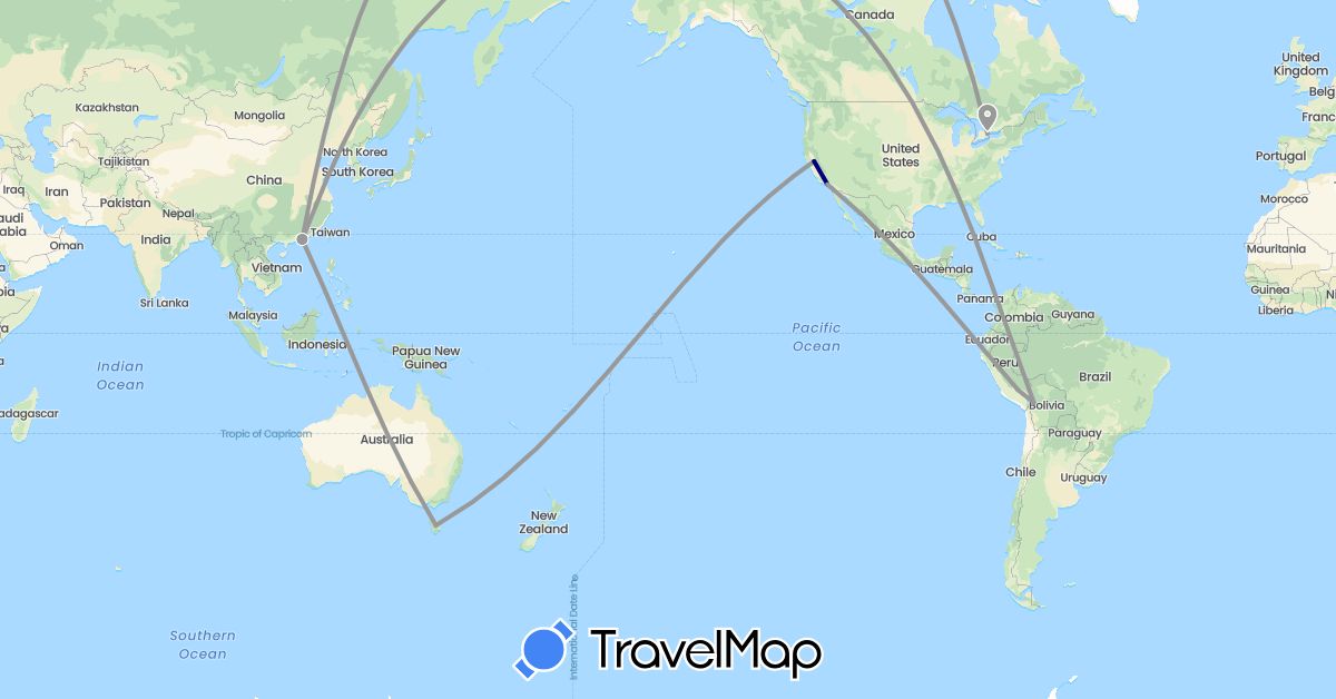TravelMap itinerary: driving, plane in Australia, Bolivia, Canada, China, Peru, United States (Asia, North America, Oceania, South America)