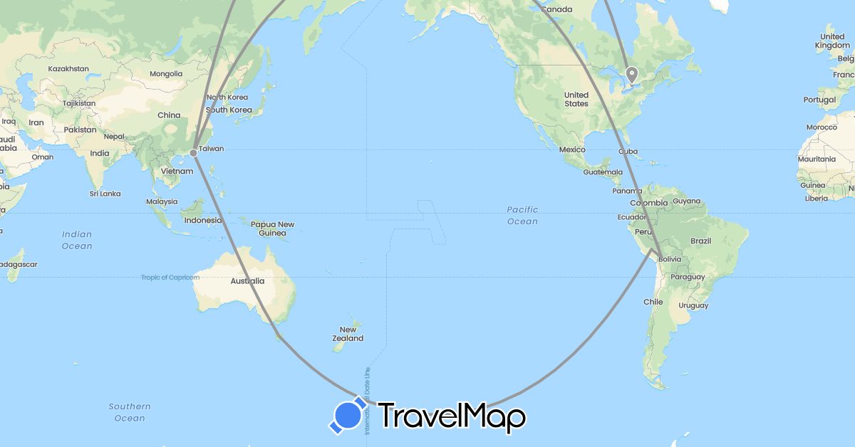 TravelMap itinerary: driving, plane in Australia, Bolivia, Canada, China, Peru (Asia, North America, Oceania, South America)