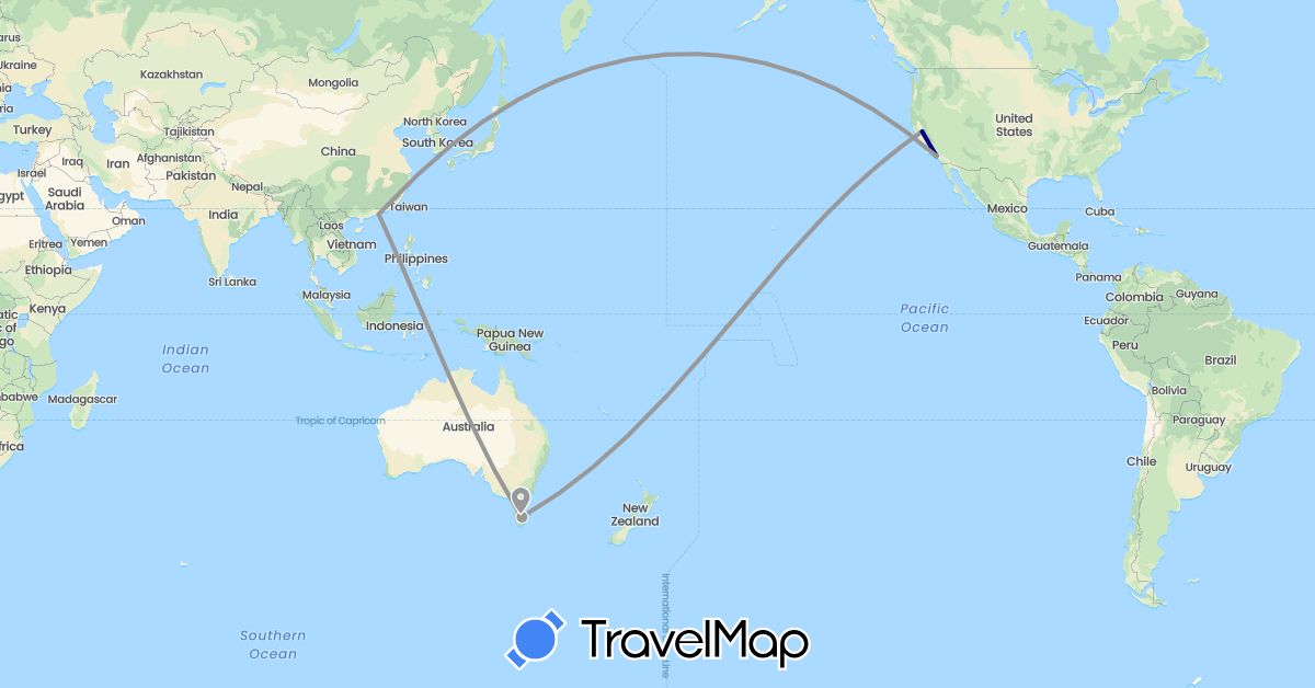 TravelMap itinerary: driving, plane in Australia, China, United States (Asia, North America, Oceania)