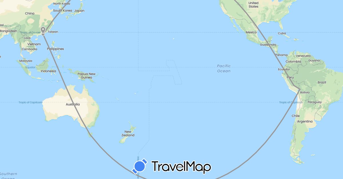 TravelMap itinerary: plane in Australia, Bolivia, China, Peru (Asia, Oceania, South America)