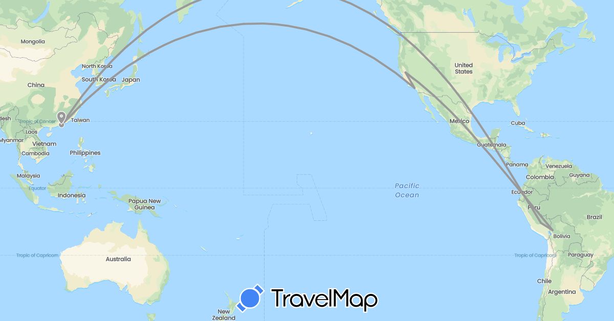 TravelMap itinerary: driving, plane in Bolivia, China, Peru, United States (Asia, North America, South America)